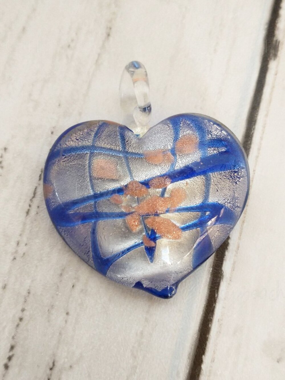 Murano Foil Glass Heart Pendant Blue Glass Art 1.5” Ornament Charm Sun Catcher
